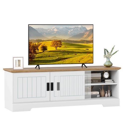 Costway - Farmhouse TV Stand for TVs up to 65" with Sliding Doors Storage Cabinets - White-Front_Standard 