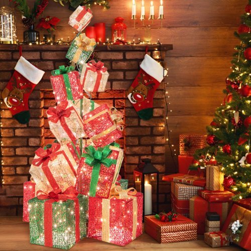 Costway 15 Stacked Pre-Lit Gift Box Tower 67'' Lighted Present Decoration with 450 Lights