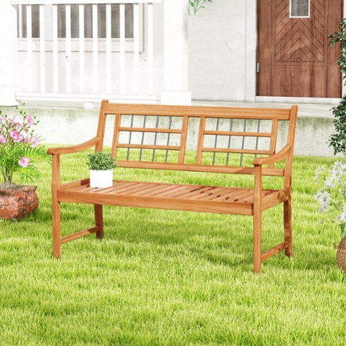 Costway Outdoor Acacia Wood Bench 2-Person Patio Bench with Slatted Seat &  Backrest - Natural