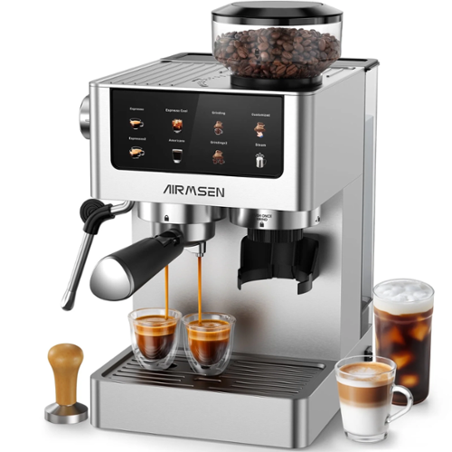 AIRMSEN - Espresso Machine with Burr Grinder, Cold Brew Coffee Machine for Cappuccino Latte Americano - Stainless Steel-Front_Standard 