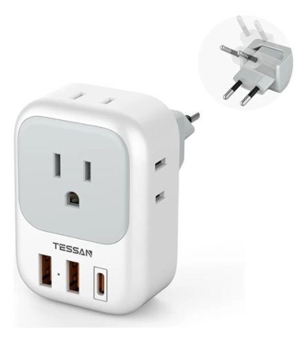 TESSAN - European Travel Plug Adapter 4 Outlets 3 USB (1 USB C PD 20W) Portable for EU Spain France Italy Germany Portugal - Gray-Front_Standard 