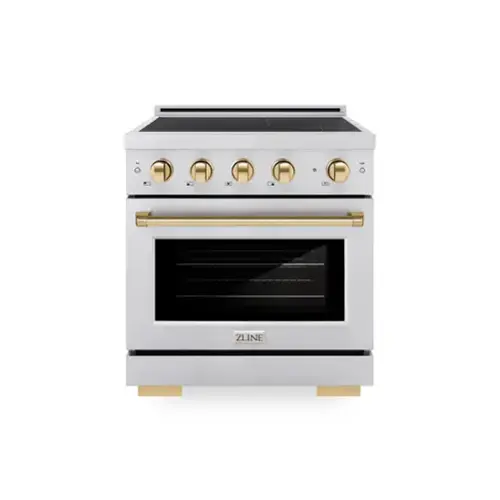 Front. ZLINE - Autograph 30 in. 4.2 cu. ft. Paramount Freestanding Induction Range with 4 Burners and Electric Oven w/ Gold Accents - Stainless Steel.