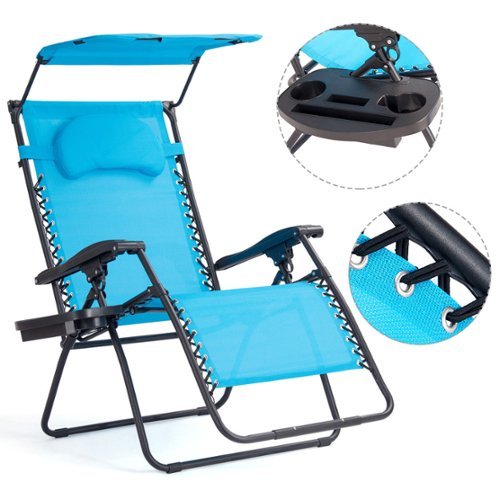 Costway - Folding Recliner Zero Gravity Lounge Chair W/ Shade Canopy Cup Holder - Navy-Front_Standard 