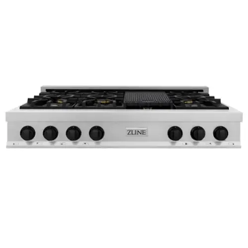 Front. ZLINE - Autograph 48 in. Legacy Gas Rangetop with 7 Burners and Porcelain Cooktop in Satin Stainlesswith Matte Black Accents - Satin Stainless Steel.