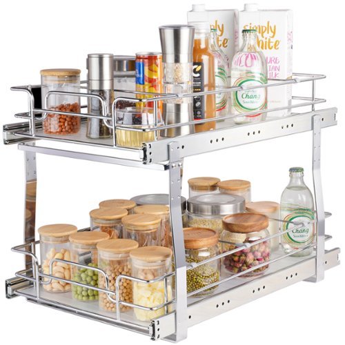 VEVOR - 2 Tier 14"Wx21"Dx15"H Pull Out Cabinet Organizer, Heavy Duty Slide Out Pantry Shelves, Steel Roll Out Drawers - Silver-Front_Standard 