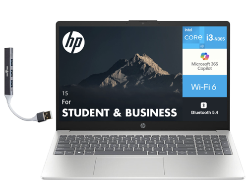 HP - 15 Laptop 15.6 HD (Intel i3-N305, 8GB DDR4, 128GB SSD, Intel UHD, Win 11 Home S-Mode) w/USB Hub - Natural Silver-Front_Standard 