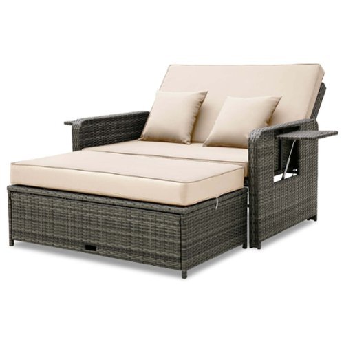 Costway - Wicker Loveseat Sofa Set Patio Rattan Daybed with Ottoman & Retractable Side Tray - Brown + Mix Gray-Front_Standard 