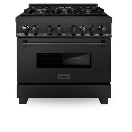 Front. ZLINE - 36 in. 4.6 cu. ft. Freestanding Legacy Dual Fuel Range with Gas Cooktop in Black Stainless Steel & 6 Brass Burners - Black Stainless Steel.