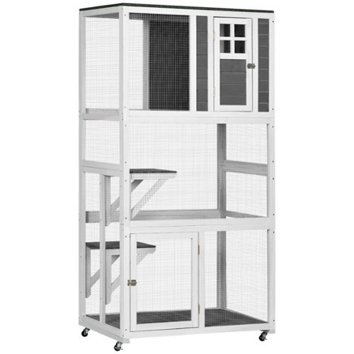 Siljoy - Gray Wheeled Outdoor Catio, Weatherproof Cat House with Asphalt Roof, High Capacity Cat Enclosure-Front_Standard 