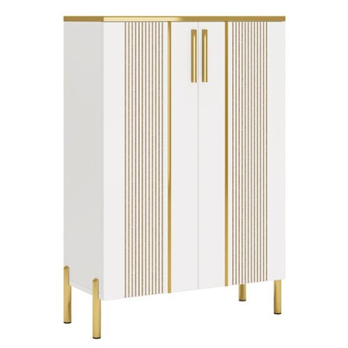 Kadyn - 6-Tier Wooden Shoe Cabinet, Space-Saving Organizer with Sliding Doors, Perfect for Home & Office, Gold - White-Front_Standard 