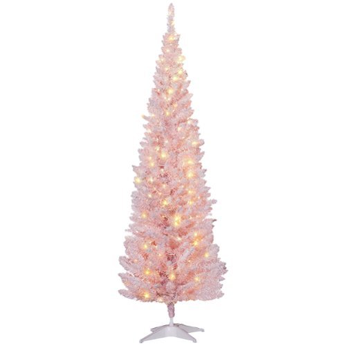 Homcom - Pre-Lit Slim Noble Fir Artificial Pencil Christmas Tree, 170 Warm White LEDs, 390 Tips - Pink-Front_Standard 