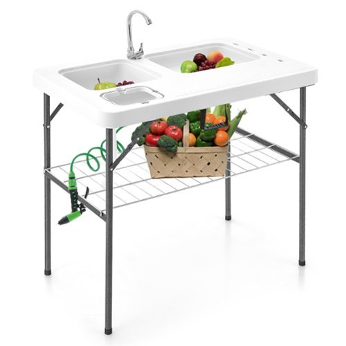 Gymax - 2-in-1 Folding Fish Cleaning Table Portable Camping Table w/ Faucet - White-Front_Standard 