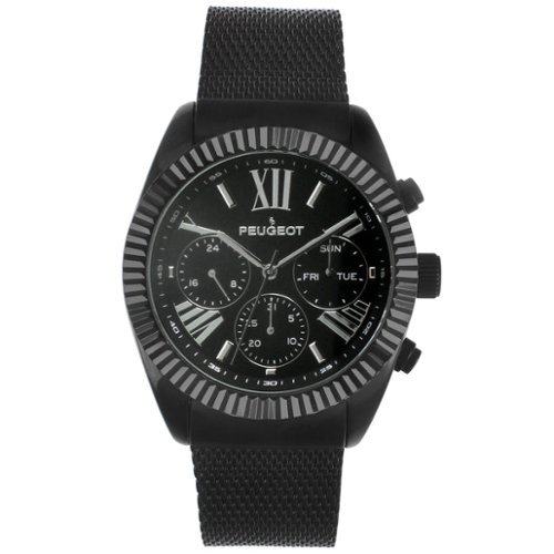 Peugeot - Men's 42mm Multi-Function Steel Mesh Watch - Black-Front_Standard 
