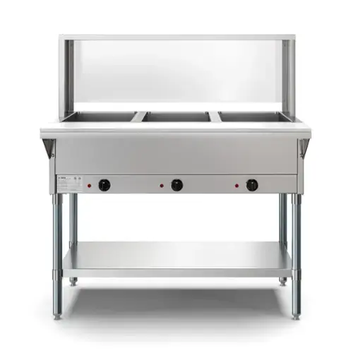 Front. Koolmore - Three Pan Open Well Electric Steam Table with Undershelf and Sneeze-Guard, KM-OWS-3SG. - Silver.