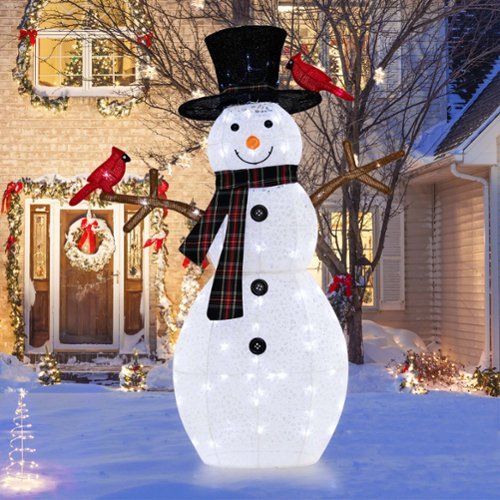 Costway 4.2 FT Pre-Lit Snowman & Redbirds Christmas Decoration with LED Lights Holiday - Multicolor