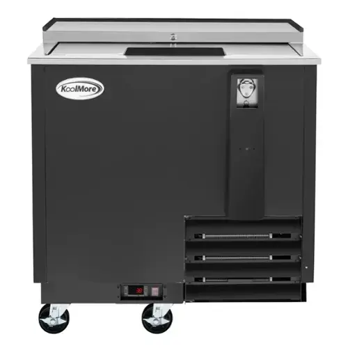 Front. Koolmore - 36 in. Commercial Bottle Cooler in Black with Built-In Opener, ETL Listed, 9 cu. ft. (KM-BOC36-BK) - Black painted steel.