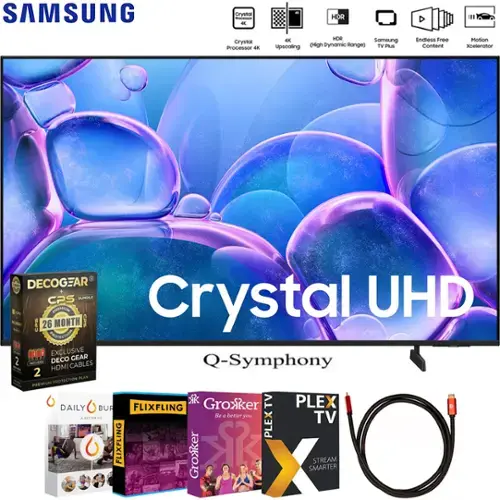 Sure, here is the corrected and grouped text from the image:

---

**SAMSUNG**

- Crystal Processor 4K
- 4K Upscaling
- HDR (High Dynamic Range)
- Samsung TV Plus
- Endless Free Content
- Motion Xcelerator

**Crystal UHD**

- Q-Symphony

**BUNDLE**

- DECOGEAR CPS
  - 26 MONTH
  - EXCLUSIVE DECOGEAR HDMI CABLES
  - PREMIUM PROTECTION PLAN

- DAILY BUR
  - A BETTER FIT

- FLIXFLING

- Groxiker
  - Be a better you.

- PLEX TV
  - STREAM SMARTER

- Q-Symphony

- HDMI CABLES

---

This text is organized to reflect the features and included items as shown in the image.