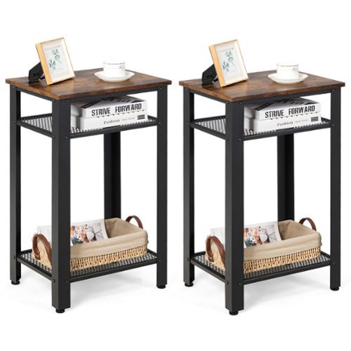 Costway Set of 2 3-Tier Industrial Tall Nightstand Side End Telephone Table w/ Shelves - Rustic Brown