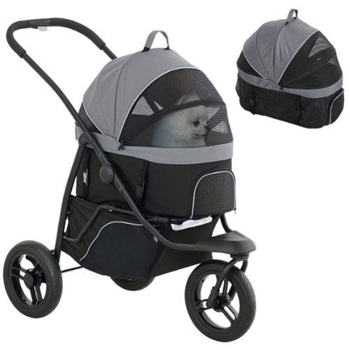 Pawhut - Dog Stroller, 3 in 1 Jogger, Detachable Carrier, Storage Basket, 3 Big Wheels, Adjustable Canopy-Front_Standard 