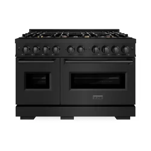 Front. ZLINE - 48" Classic Double Oven Gas Range in Black Stainless w/ 8 Brass Burners (CGRB-BR-48) - Black Stainless Steel.