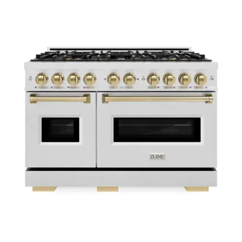 Front. ZLINE - Autograph 48 in. 6.7 cu. ft. Classic Freestanding DuoPro Dual Fuel Range in Satin Stainless Steel and Bronze Accents - Satin Stainless Steel.