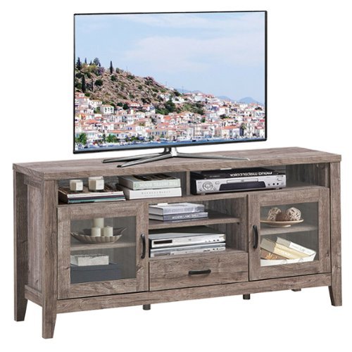 Costway - TV Stand Tall Entertainment Center Hold up to 65'' TV w/ Glass Storage & Drawer - Walnut-Front_Standard 
