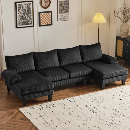 Winado - 111" Sectional Couches Corduroy Upholstery U-Shape 4 Seat Sofa Set with Double Chaises & Wood Grain Legs for Living Room - Black-Front_Standard 