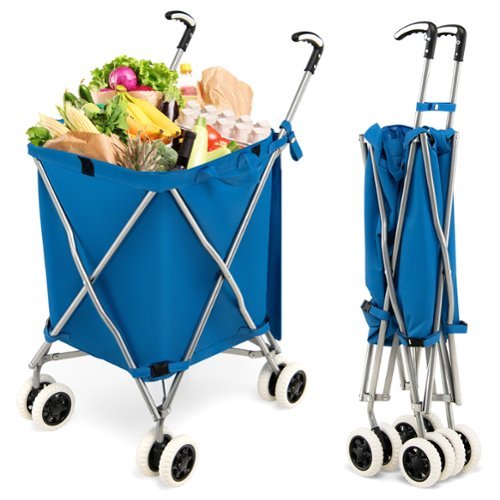 Costway - Folding Shopping Cart Utility with Water-Resistant Removable Canvas Bag - Blue-Front_Standard 