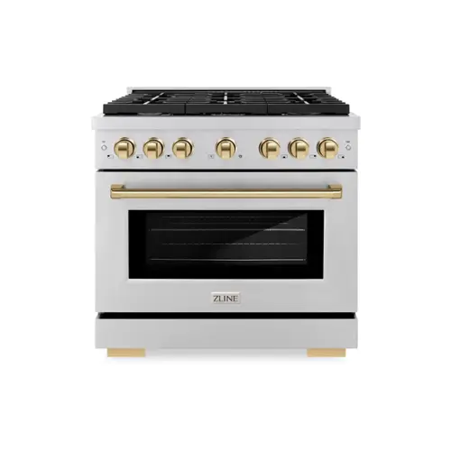 Front. ZLINE - ZLINE Autograph 36" Paramount Dual Fuel Range w/ 6 Burners & Polished Gold Accents (SDRZ-36-G) - Stainless Steel.