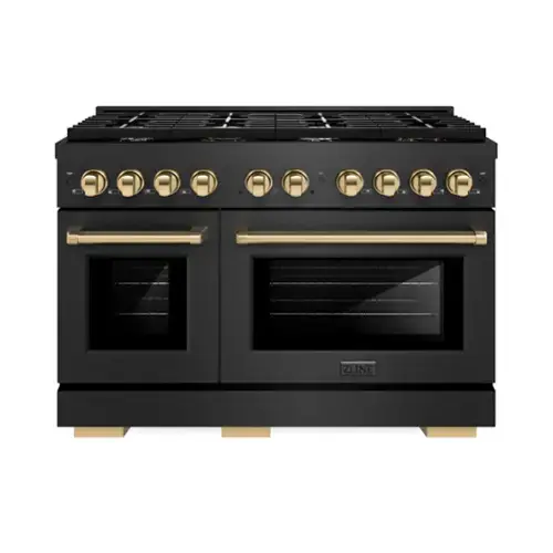 Front. ZLINE - ZLINE Autograph 48 in. 6.7 cu. ft. Double Oven Freestanding Gas Range in Black Satin Stainless Steel and Gold Accents - Black Satin Stainless Steel.