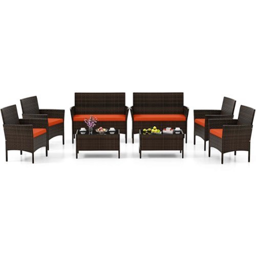 Costway - 8 PCS Patio Furniture Set with Washable Cushions and Tempered Glass Coffee Table - Orange-Front_Standard 