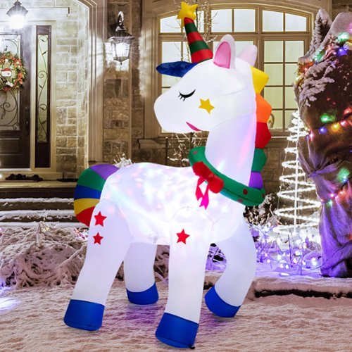Costway 6FT Tall Christmas Magic Unicorn, Inflatable Unicorn Decoration with Rainbow Tails & Christmas Wreath - Multicolor