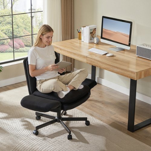 Bestier - Ergonomic Cross-Legged Office Chair with Flip-Up Arms, Swivel Wheels & Adjustable Backrest for Computer Office Desk - Black Suede-Front_Standard 