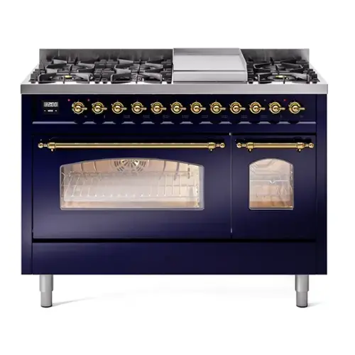 Front. ILVE - ILVE Nostalgie II 48 inch Dual Fuel Range with 5.02 cu. ft. Total Double Oven Capacity (Midnight Blue, Brass) - Midnight Blue.