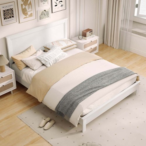 Costway Queen Size Bed Frame Platform Slat High Headboard Bedroom Rubber Wood Leg - White