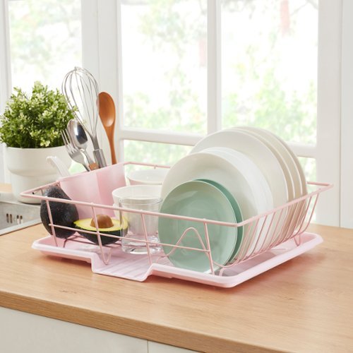 Sweet Home Collection - Steel 3-Piece Large Countertop Dish Drainer with Drain Board & Utensil Holder - Pale Pink-Front_Standard 
