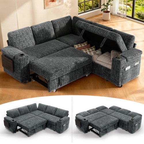 Dyonery - 85 "Modular sofa, with pull-out bed, 5-seat sofa, adjustable backrest, with storage, tool-free assembly - Gray-Front_Standard 
