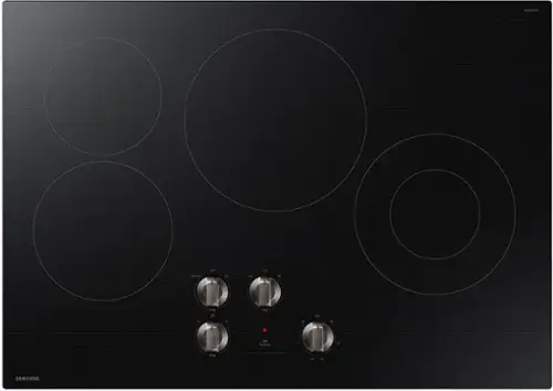 Eurokero is a brand that offers a stove with a black surface and a digital display. The stove has a simmer function and can be set to low, medium, or high heat. The display shows the current heat setting, which can be adjusted using the knobs. The stove is made by Samsung, a well-known electronics company.