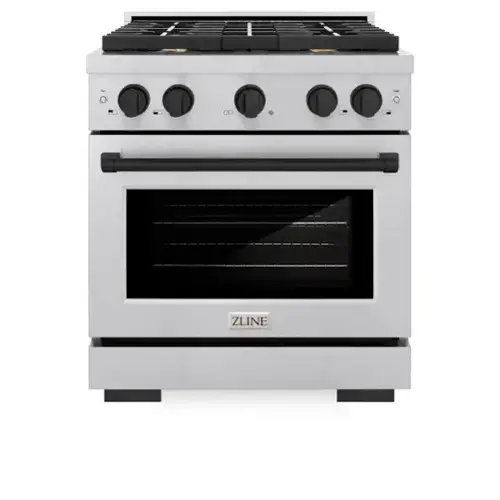 Front. ZLINE - ZLINE Autograph 30 in. Paramount Satin Steel Gas Range w/ 4 Burners & Black Accents (SGRSZ-30-MB) - Stainless Steel.