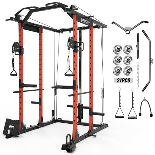 Mikolo - Power Rack Cage, 1500 lbs Weight Rack with Cable Crossover Machine, Multi-Function Squat Rack - Red-Front_Standard 