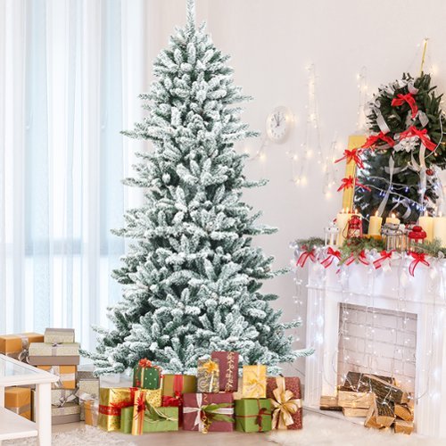 Costway 7Ft Premium Hinged Snow Flocked Slim Artificial Christmas Fir Tree with Pine Cones - Green/White