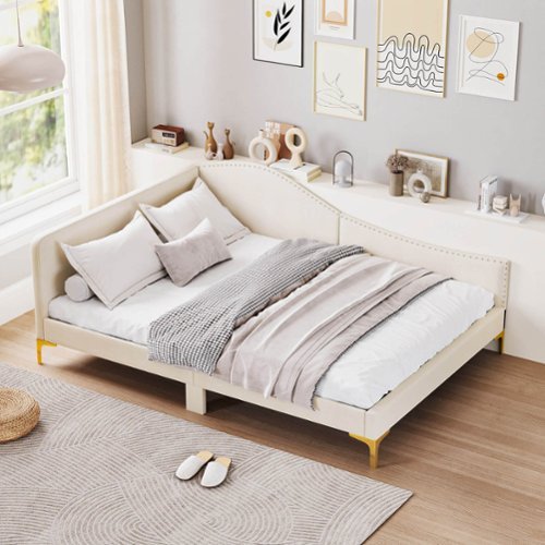 Costway Full Size Upholstered Daybed Rivet-Tufted Platform Bed with  Metal Legs Wood Slats - Beige