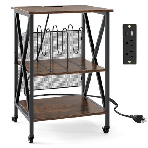 Costway - 3-tier Record Player Stand with Metal Dividers Adjustable Shelf & Power Outlets - Brown-Front_Standard 