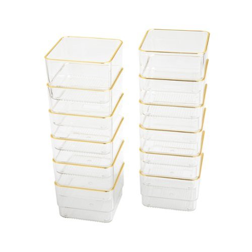 Martha Stewart - Kerry Set of 12 Plastic Stacking Desk Drawer Organizers with Gold Trim - 3 x 3 - Clear/Gold Trim-Front_Standard 