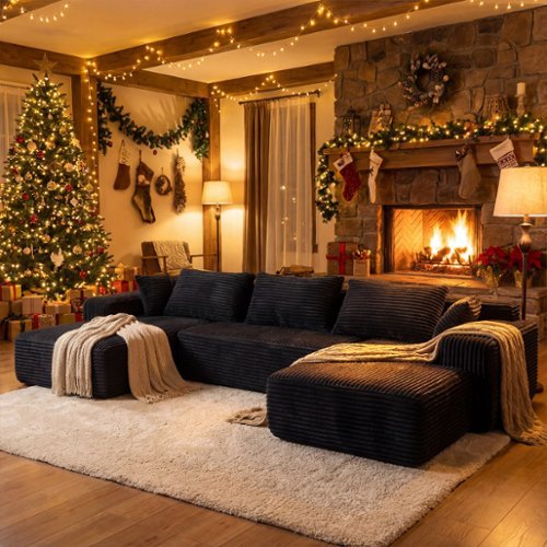 FUFU & GAGA - Black Modular Plush Velvet Sectional Sofa with Chaise, Soft High-Density Foam, Pet-Friendly Living Room Couch - Black-Front_Standard 