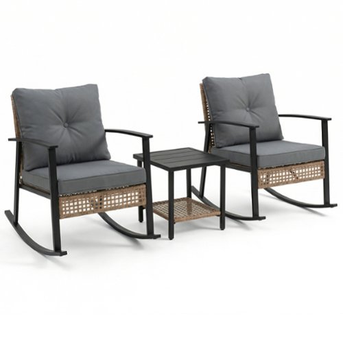 Yardgrace - 3-Piece Outdoor Rocking Set, Oversize Rattan Chairs with Thick Cushions & 2-Tier Coffee Table for Patio Garden - Gray-Front_Standard 