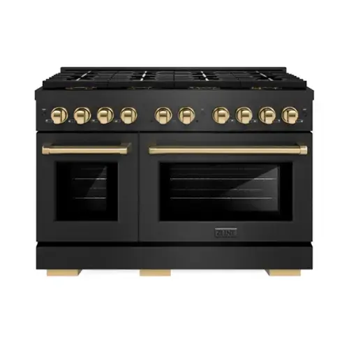 Front. ZLINE - ZLINE Autograph 48 in. 6.7 cu. ft. Freestanding Paramount DuoPro Dual Fuel Range in Black Satin Steel and Gold Accents - Black Satin Stainless Steel.