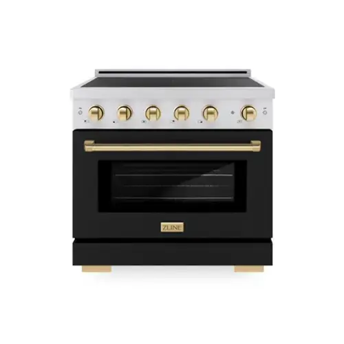 Front. ZLINE - Autograph 36 in. 5.2 cu. ft. Paramount Freestanding Induction Range with 5 Burners and Gold Accents with Black Door - Matte Black.