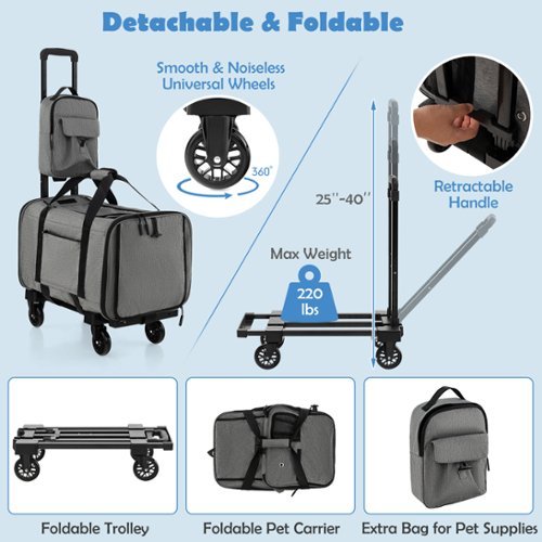 Costway Cat Carrier with Wheels Large Rolling Cat Dog Carrier w/Telescopic Handle - Grey HOW TO BUY