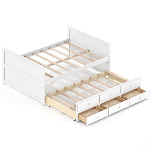 Gymax - Full Size Bed Frame w/ Twin Trundle & 3 Storage Drawers w/Headboard Footboard - White-Front_Standard 